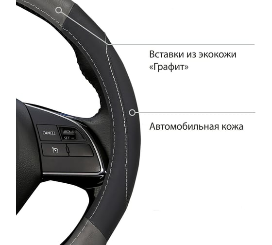 Оплетка на руль SENATOR TACOMA экокожа, вставки из экокожи-флок серые, прострочка серая OPLS2401
