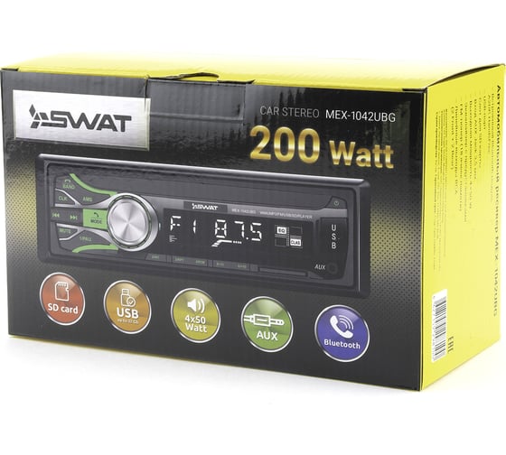 Медиа-ресивер SWAT 1 din, 4x50 Вт, BT, MP3, USB, SD, 2RCA, зеленые кнопки MEX-1042UBG