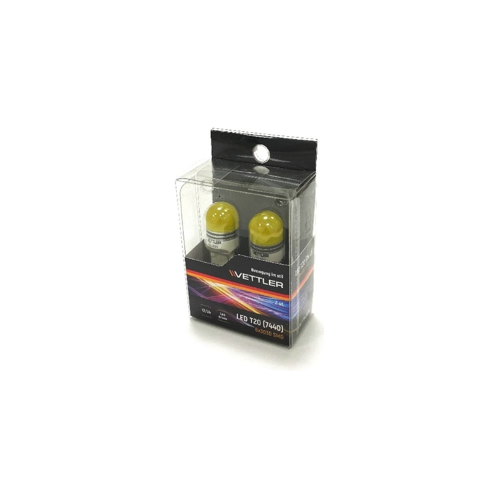 Светодиод T20-12-24V 7440-6 SMD (3030) (W3x16d) желтая led driver 2 конт (к-т 2шт) (VETTLER)