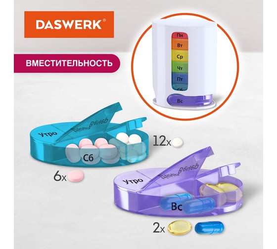 Таблетница-органайзер для лекарств и витаминов DASWERK 7 дней/4 приема, white 630847