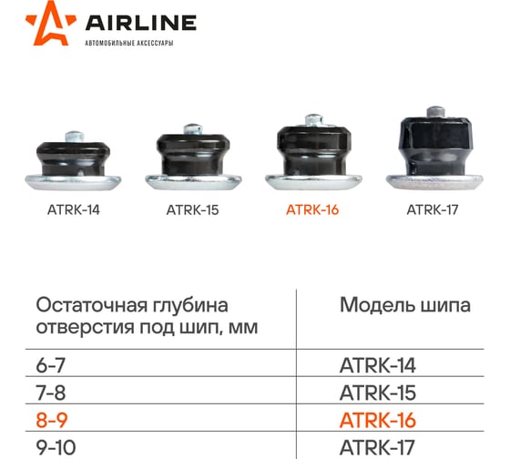 Ремонтные шипы Airline 8-9 мм, 100 шт., в пакете со стикером ATRK-16
