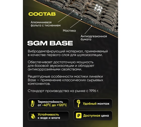 Шумоизоляция для автомобиля SGM Base 2, 10 листов/Виброизоляция 2мм для машины/Комплект звукоизоляции SGM.BS2.04X025.10