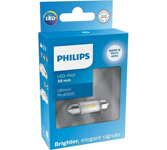 Автолампа PHILIPS C5W, SV8.5/8, LED, 38 мм, WHITE Ultinon Pro6000, 4000 K, 100 Лм, 12 В 11854WU60X1 1