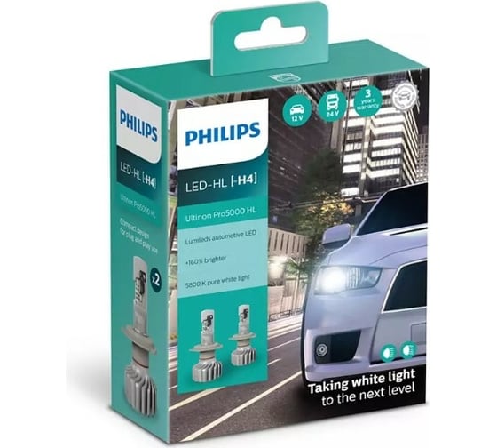 Автолампа PHILIPS H4, Ultinon Pro5000, LED HI/LO, 5800 K, 12 В 11342U50CWX2