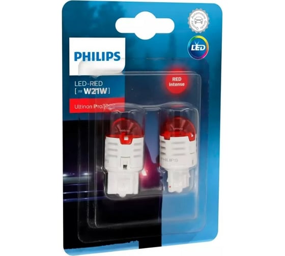 Автолампа PHILIPS W21W, W3х16d, LED RED Ultinon, Pro3000 SI, 12 В 11065U30RB2 1