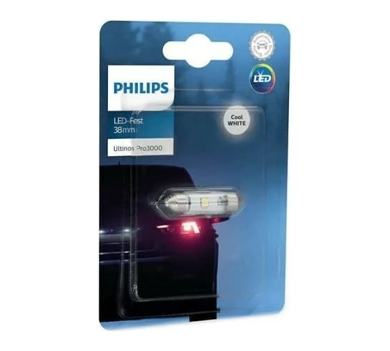 Автолампа PHILIPS C5W, SV8.5/8, LED, 38 мм, WHITE Ultinon Pro3000, 6000 K, 12 В 11854U30CWB1