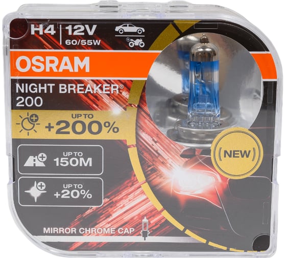 Автолампа Osram H4, 60/55, P43t+200%, NIGHT BREAKER 200, 4050 К, 12 В 64193NB200-HCB 23806869