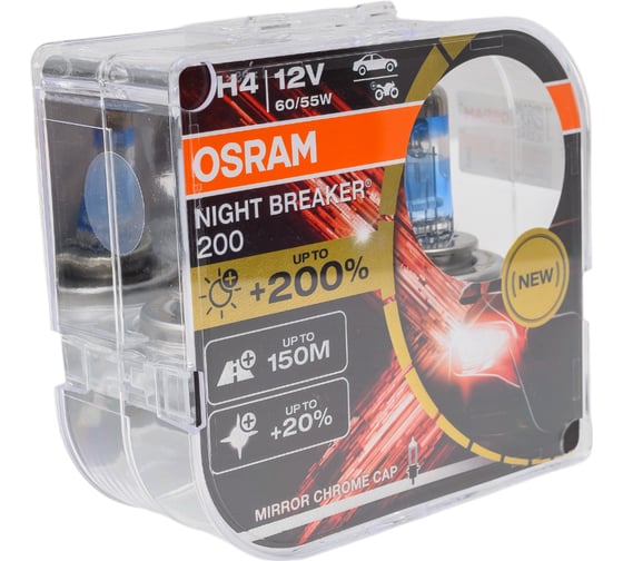 Автолампа Osram H4, 60/55, P43t+200%, NIGHT BREAKER 200, 4050 К, 12 В 64193NB200-HCB