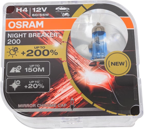 Автолампа Osram H4, 60/55, P43t+200%, NIGHT BREAKER 200, 4050 К, 12 В 64193NB200-HCB