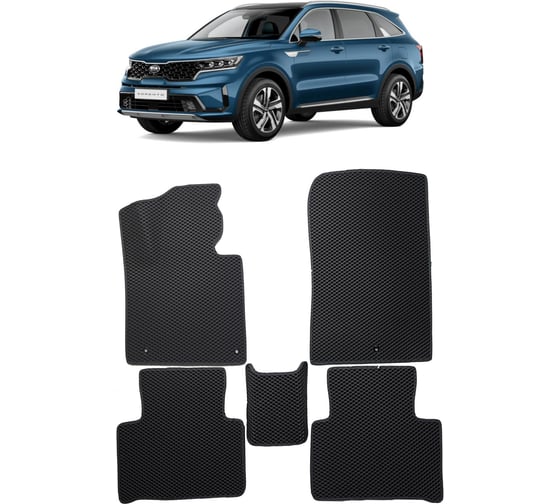 Ковры в салон автомобиля Eva Smart kia sorento iv 5мест 2020 - эва сота чёрные c синей окантовкой 3275-B5B2-S 1