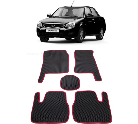 Ковры в салон автомобиля Eva Smart lada priora 2007 - эва сота чёрные c коричневой окантовкой 1929-B5A6-S 1
