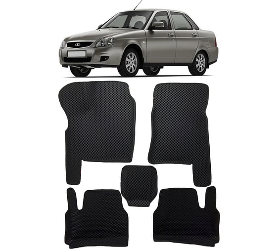 Ковры в салон автомобиля Eva Smart lada priora вариант макси 3d 2007 - эва сота чёрные c синей окантовкой 3322-B5B2-S 1