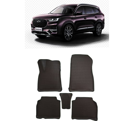 Ковры в салон автомобиля Eva Smart chery tiggo 8 pro 5мест вариант макси 3d 2020 - эва сота чёрные c бежевой окантовкой 3781-B5A1-S 1