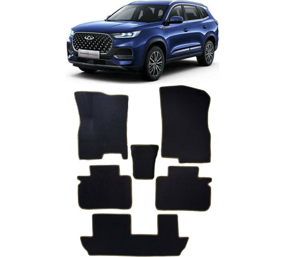 Ковры в салон автомобиля Eva Smart chery tiggo 8 pro max 7мест 2022 - эва сота чёрные c красной окантовкой 3793-B5A7-S