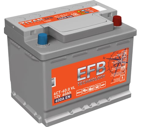 Аккумулятор TITAN EFB 60.0 VL обратная полярность, 600 А, 242x175x190 мм 4607008886801
