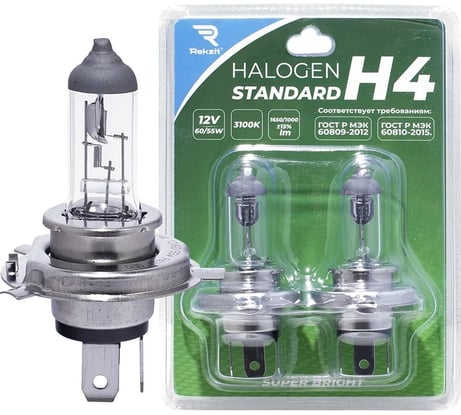 Галогенная лампа Rekzit Standard H4, 12 В, 60/55 Вт, P43T, 2 шт. 90046