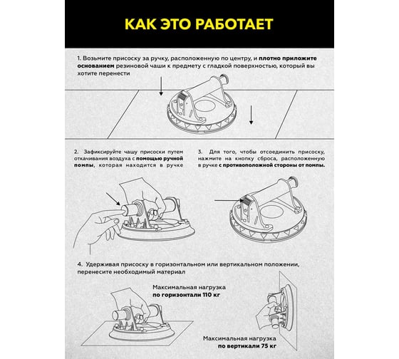 Присоска TECHNICOM с ручной помпой, нагрузка 110кг, чаша 200мм TC-F110