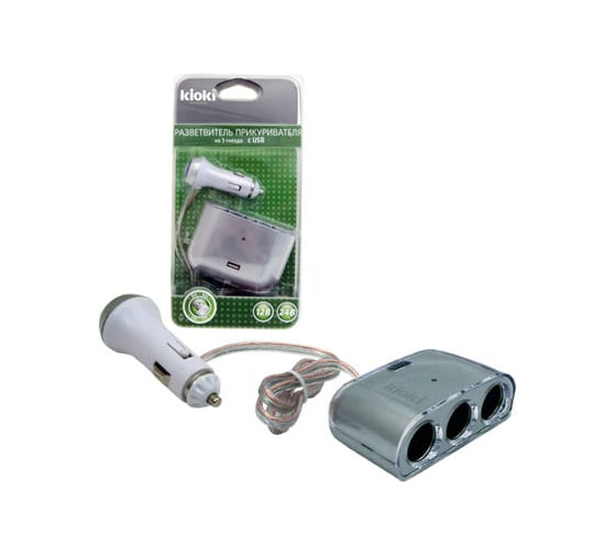 Серебристый разветвитель прикуривателя на 3 гнезда c USB KIOKI CA302 0975608018 1