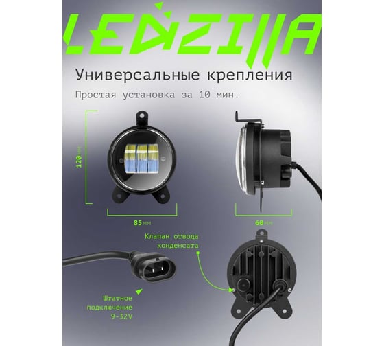 Противотуманные светодиодные автомобильные фары LEDZILLA Лада Приора, 30Вт 9-32В, противотуманки, дхо для авто Lada Priora, LED ПТФ, 2 шт 2170-LED
