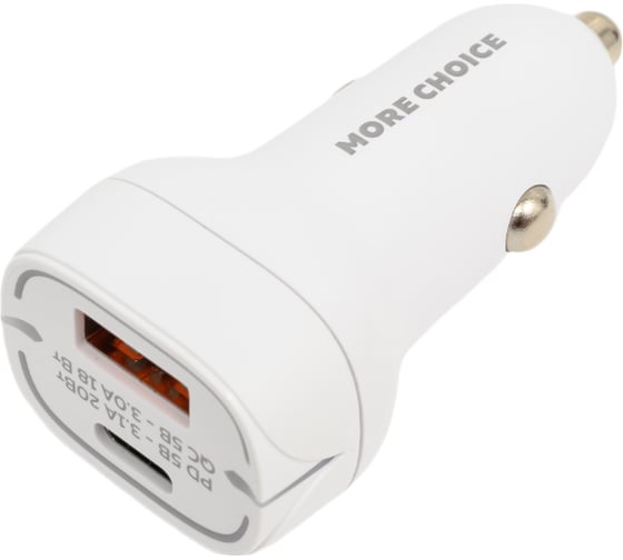 Автомобильное зарядное устройство More Choice Smart 2USB, 3.0 A, PD 20W+QC3.0 быстрая зарядка AC32QC White