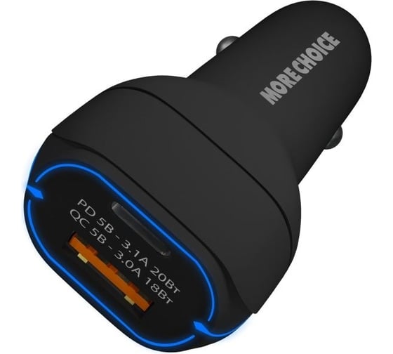 Автомобильное зарядное устройство More Choice Smart 2USB 3.0A PD 20W+QC3.0 быстрая зарядка AC32QC Black 1