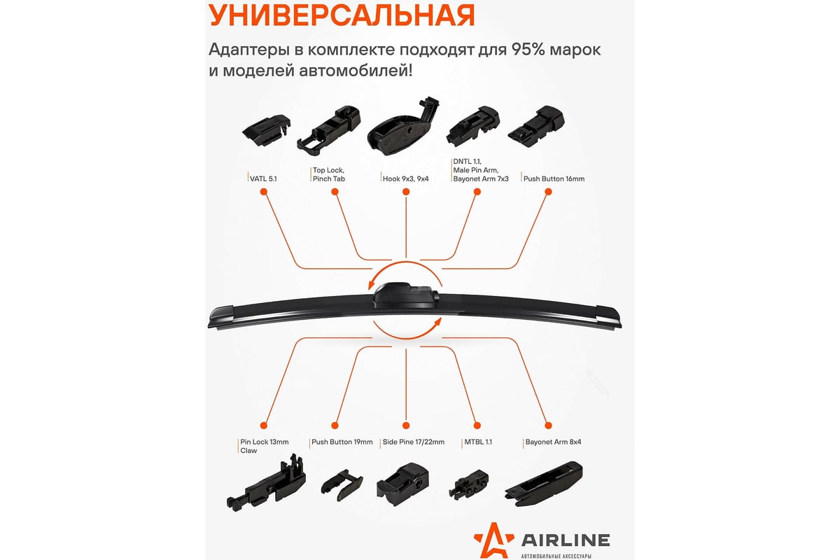 Щетка стеклоочистителя бескаркасная PRO 530 мм, 21", 10 адаптеров ...