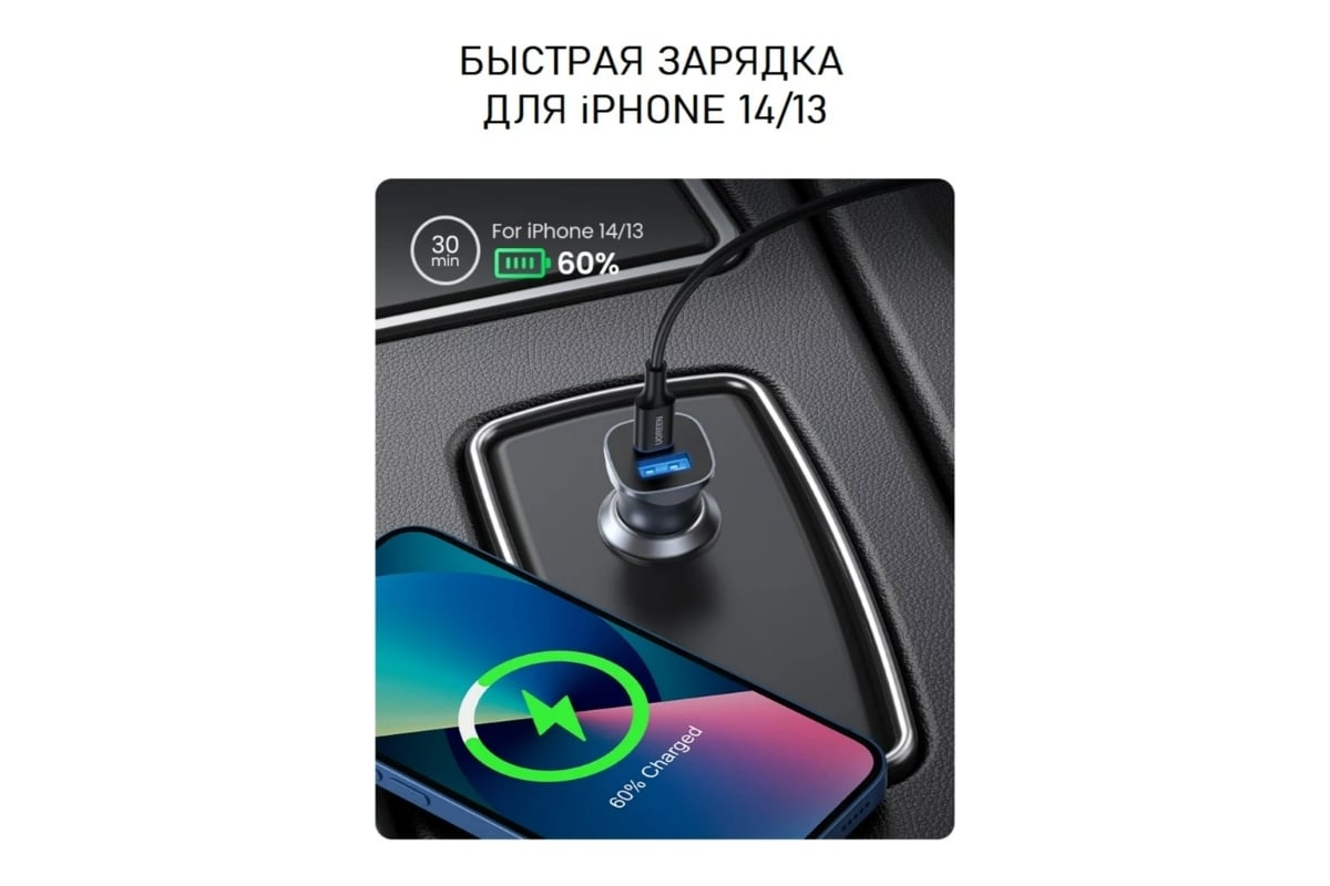 Автомобильное зарядное устройство Ugreen USB-A + USB-C 30 Вт 40858 -  выгодная цена, отзывы, характеристики, фото - купить в Москве и РФ