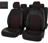 Чехлы PSV Оригинал для Hyundai Solaris II Kia Rio IV 2017 г., седан Active, сплошная спинка, РОМБ, отстрочка красная, черная экокожа/черная алькантара 135063