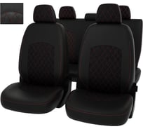 Чехлы PSV Оригинал для VW Polo VI 2020 РОМБ, отстрочка красная, черная экокожа/черная алькантара 135036