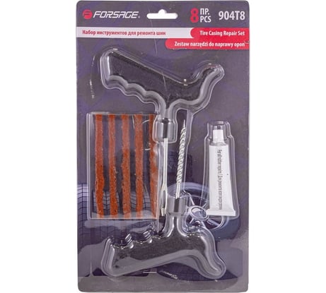 Набор инструментов для ремонта шин Forsage 8пр.(шило,протяжка,шнуры-5шт,клей), в блистере F-904T8(52301)