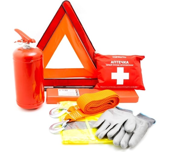 Набор автомобилиста TopAuto emergency kit 4 сумка из эко кожи, аптечка по ту, огнетушитель оп-2, знак rt-199, перчатки хб. ТА-EK4