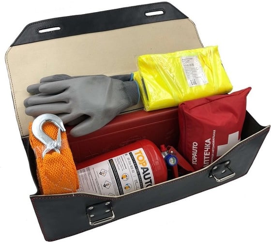 Набор автомобилиста TopAuto emergency kit 1 сумка из натуральной кожи шора, аптечка по приказу, огнетушитель оп-2, жилет гост, знак rt-211, трос премиум 3.5 т, 2 кр., нейлоновые перчатки ТА-EK1 1