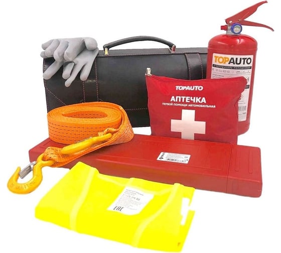 Набор автомобилиста TopAuto emergency kit 1 сумка из натуральной кожи шора, аптечка по приказу, огнетушитель оп-2, жилет гост, знак rt-211, трос премиум 3.5 т, 2 кр., нейлоновые перчатки ТА-EK1