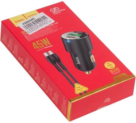Автомобильная зарядка от прикуривателя Hoco nz6, кабель type-c to ip, 1xusb-a, 2xtype-c, pd45w, черный 900445