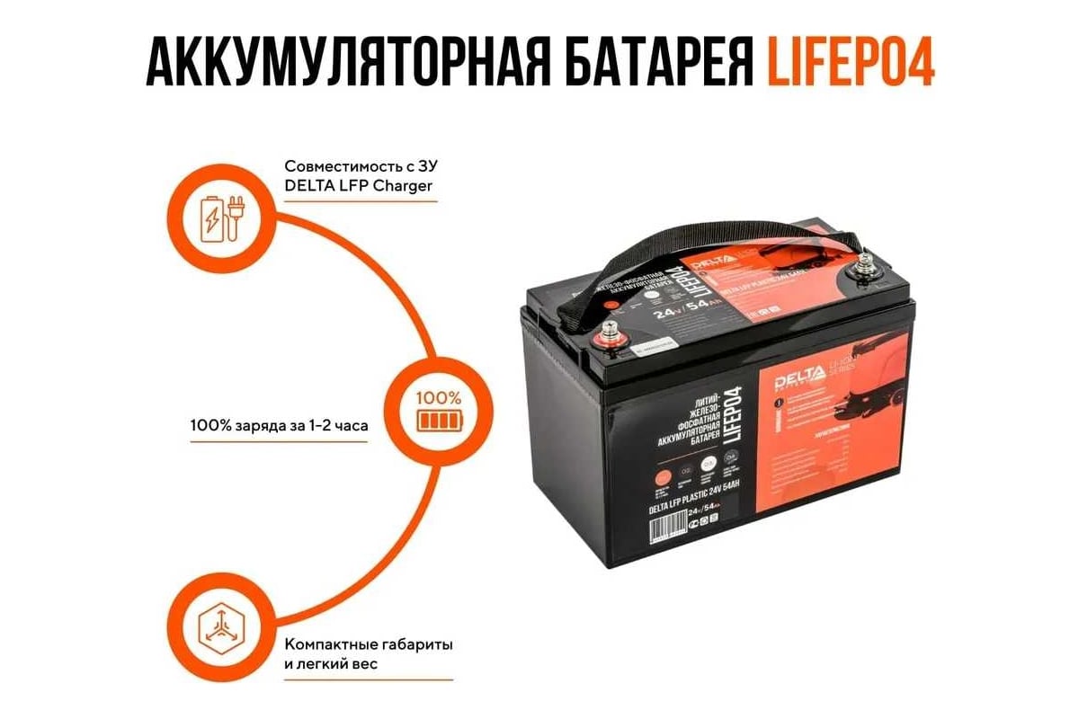 Универсальный литий-ионный аккумулятор DELTA LFP Plastic 24V, 54Ah, LFP  PLASTIC 24V, 54Ah w/terminal M8