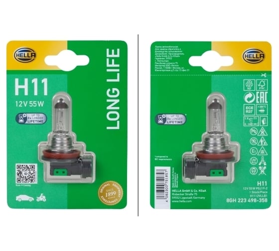 Лампа накаливания Hella, H11 12V 55W PGJ19-2, Long Life, Блистер (x1) 8GH 223 498-358
