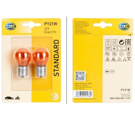 Лампа накаливания Hella PY21W 12V (блистер 2шт) 8GA 006 841-123