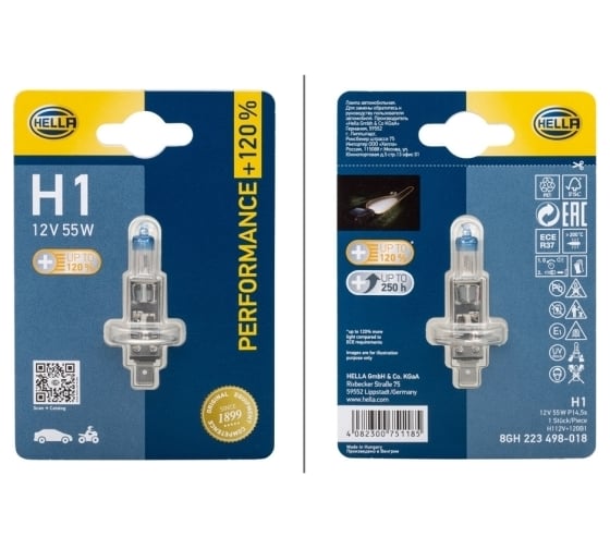 Лампа накаливания Hella, H1 12V 55W P14,5s, +120%, Блистер (x1) 8GH 223 498-018