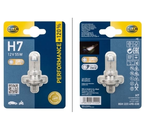 Лампа накаливания Hella, H7 12V 55W PX26d, +120%, Блистер (x1) 8GH 223 498-038
