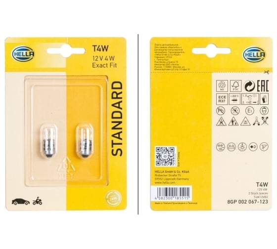 Лампа накаливания Hella T4W, 12 В, 4 Вт, блистер 2 шт. 8GP 002 067-123