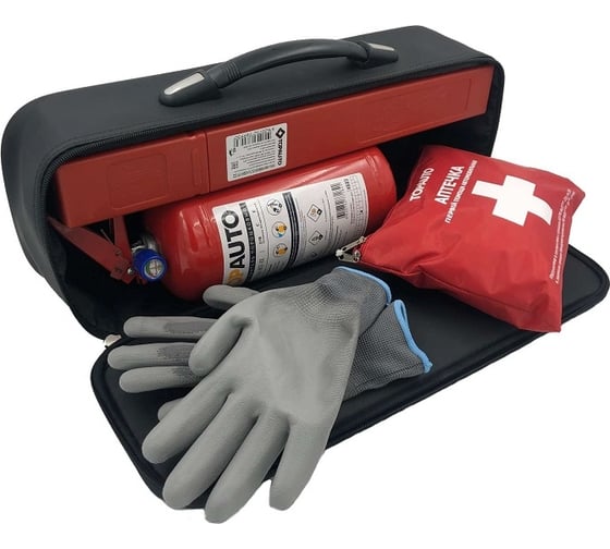 Набор автомобилиста TopAuto emergency kit 3 сумка из эко кожи , аптечка по приказу, огнетушитель оп-2, знак rt-199, перчатки нейлоновые ТА-EK3