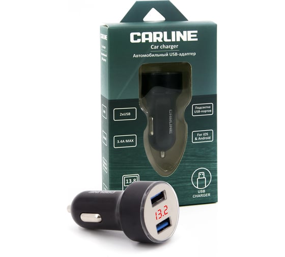 Автомобильный адаптер с вольтметром CARLINE 2хUSB (3.4 A Max), в прикуриватель 12/24 В, цвет черный, упаковка коробка CH-2U-VM