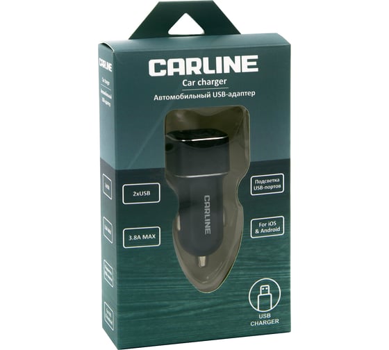 Автомобильный адаптер CARLINE 2хUSB (3.8 А Max) в прикуриватель 12/24 В, цвет черный, упаковка коробка CH-2-31A
