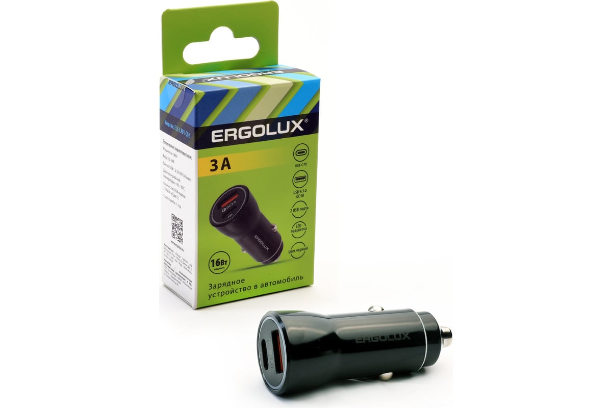 Автомобильный адаптер Ergolux Elx-ca01-c02 1usb+1type c, 12в, 5v/3а, led,  черный, коробка 15106 - выгодная цена, отзывы, характеристики, фото -  купить в Москве и РФ