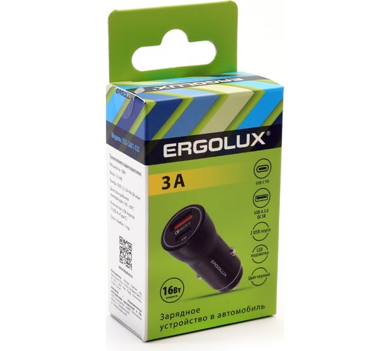 Автомобильный адаптер Ergolux Elx-ca01-c02 1usb+1type c, 12в, 5v/3а, led, черный, коробка 15106