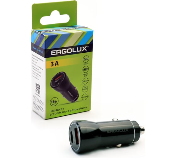 Автомобильный адаптер Ergolux Elx-ca01-c02 1usb+1type c, 12в, 5v/3а, led, черный, коробка 15106