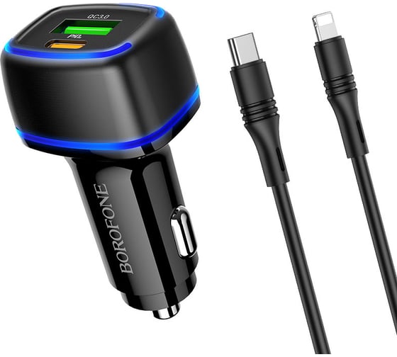 Автомобильное зарядное устройство Borofone bz14a mercury usb qc3.0 + pd 20w, 3a, led + usb-c кабель lightning 8-pin, 1м черный 0L-00050246 1