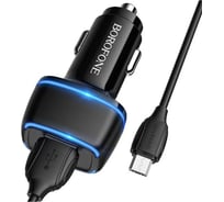 Автомобильное зарядное устройство Borofone bz14 max 2xusb, 2.4a, led + кабель microusb, 1м черный 0L-00049915