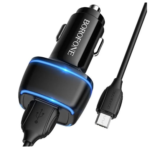 Автомобильное зарядное устройство Borofone bz14 max 2xusb, 2.4a, led + кабель microusb, 1м черный 0L-00049915