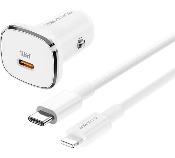 Автомобильное зарядное устройство Borofone bz12b lasting power pd 18w, 3a + usb-c кабель lightning 8-pin, 1м белый 0L-MG-WF849 1